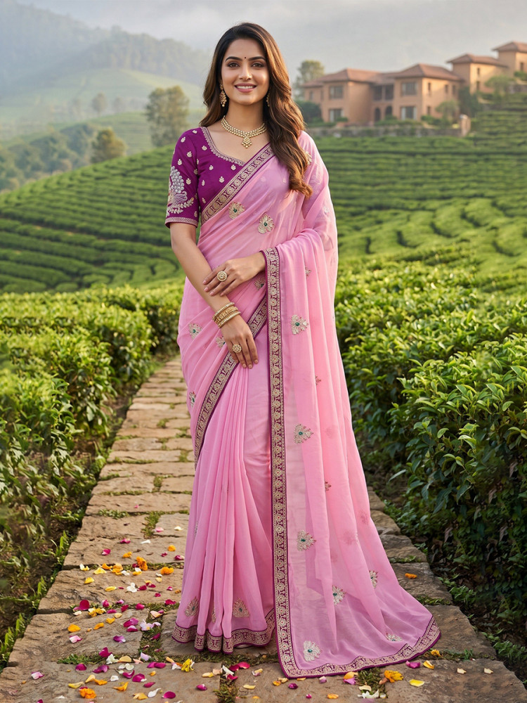 Image of Pink Crush Rangoli Embroidery Sequins Wedding Reception Party Festival Casual Heavy Border Sarees