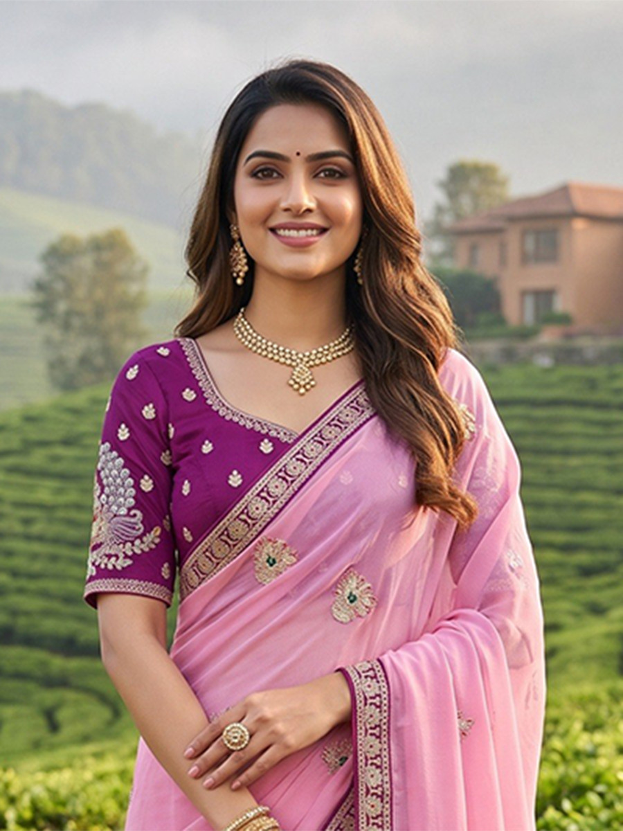 Pink Crush Rangoli Embroidery Sequins Wedding Reception Party Festival Casual Heavy Border Sarees