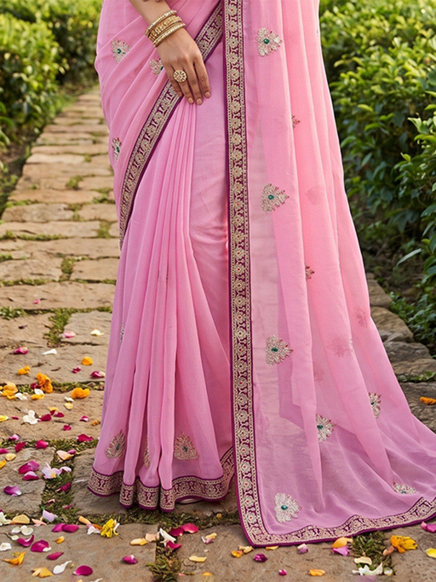 Pink Crush Rangoli Embroidery Sequins Wedding Reception Party Festival Casual Heavy Border Sarees