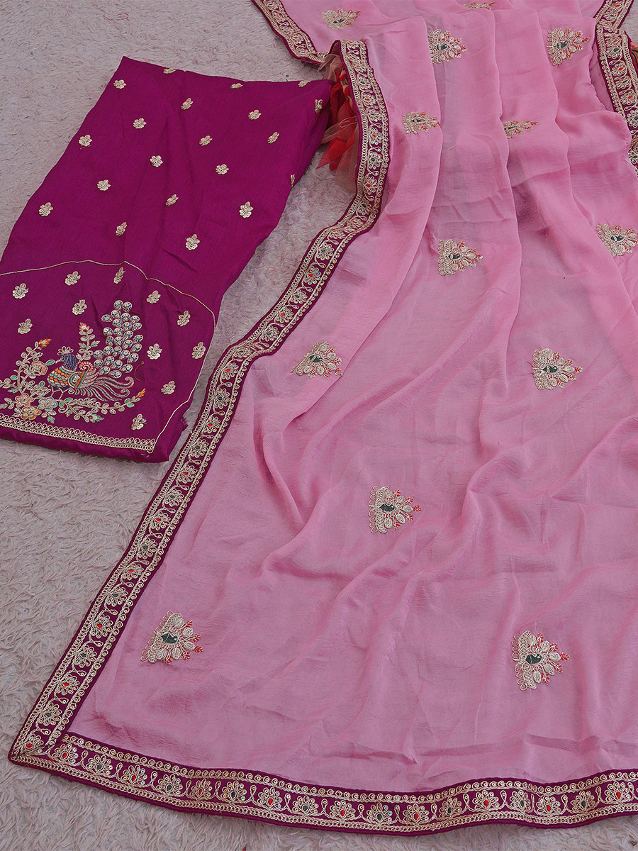 Pink Crush Rangoli Embroidery Sequins Wedding Reception Party Festival Casual Heavy Border Sarees