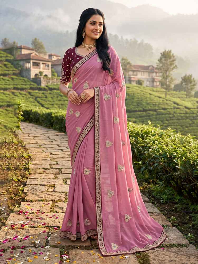 Image of Pink Crush Rangoli Embroidery Sequins Wedding Reception Party Festival Casual Heavy Border Sarees