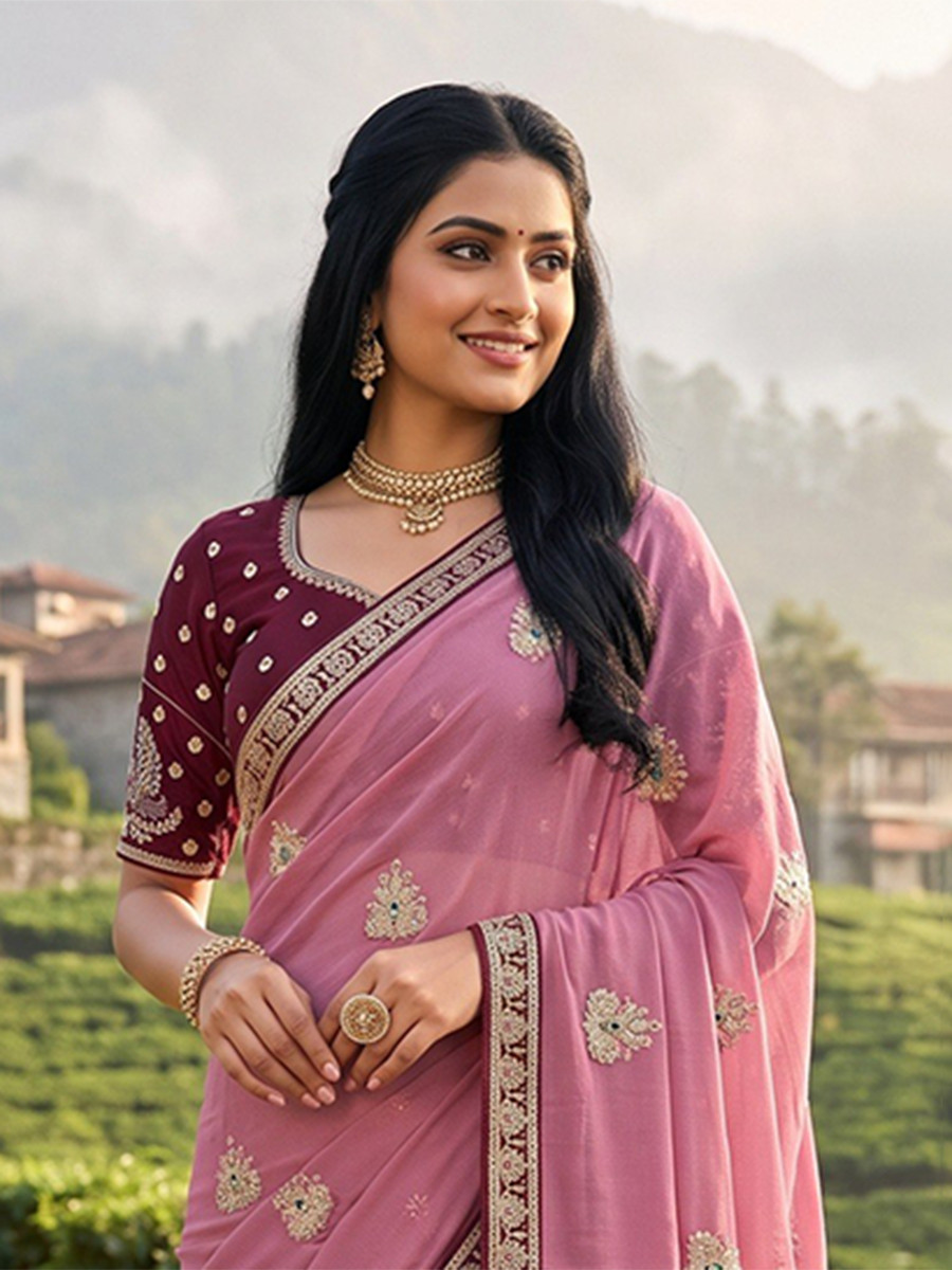 Pink Crush Rangoli Embroidery Sequins Wedding Reception Party Festival Casual Heavy Border Sarees