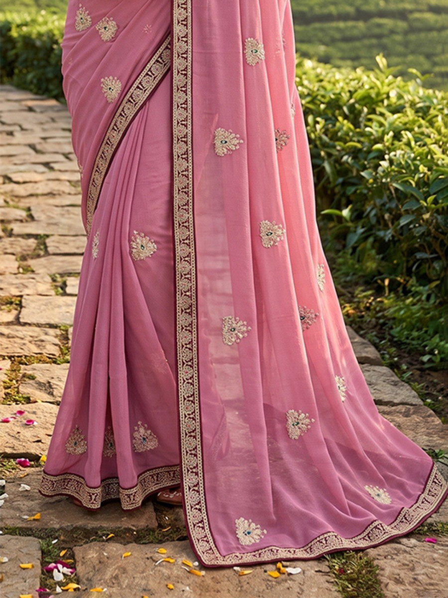 Pink Crush Rangoli Embroidery Sequins Wedding Reception Party Festival Casual Heavy Border Sarees