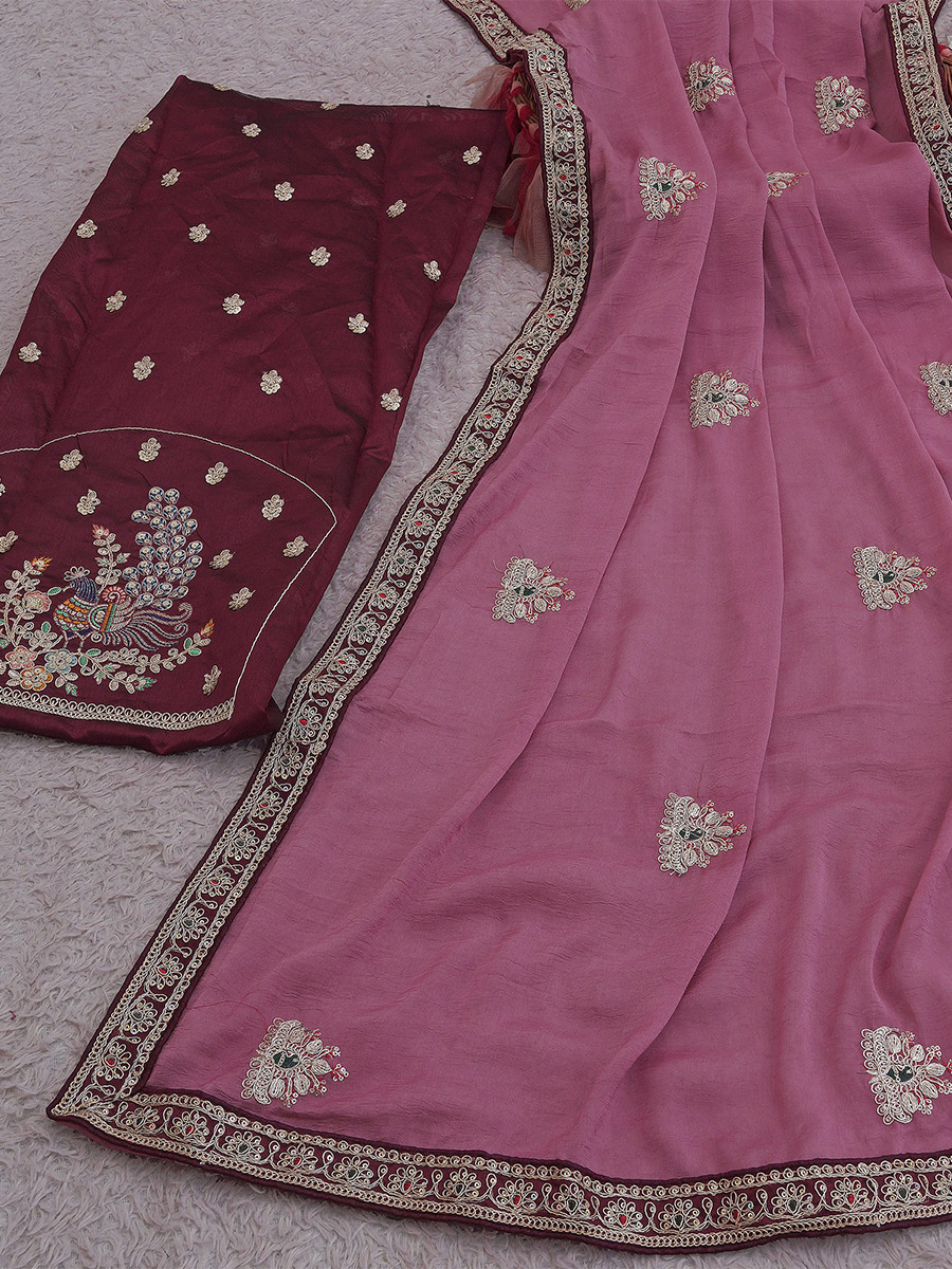 Pink Crush Rangoli Embroidery Sequins Wedding Reception Party Festival Casual Heavy Border Sarees