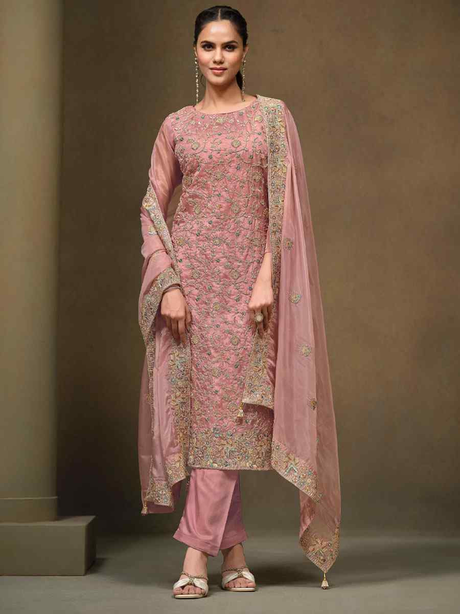 Pink Crystal Organza Embroidered Casual Festival Pant Salwar Kameez