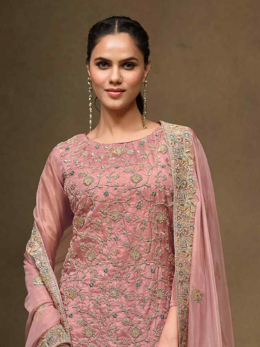 Pink Crystal Organza Embroidered Casual Festival Pant Salwar Kameez
