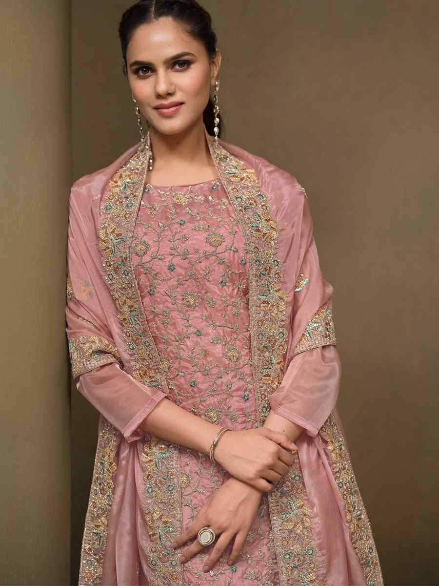 Pink Crystal Organza Embroidered Casual Festival Pant Salwar Kameez