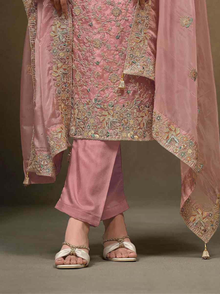 Pink Crystal Organza Embroidered Casual Festival Pant Salwar Kameez