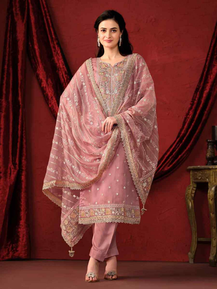 Pink Crystal Organza Embroidered Casual Festival Pant Salwar Kameez