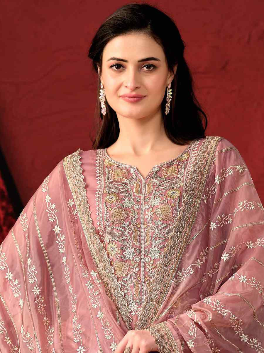 Pink Crystal Organza Embroidered Casual Festival Pant Salwar Kameez