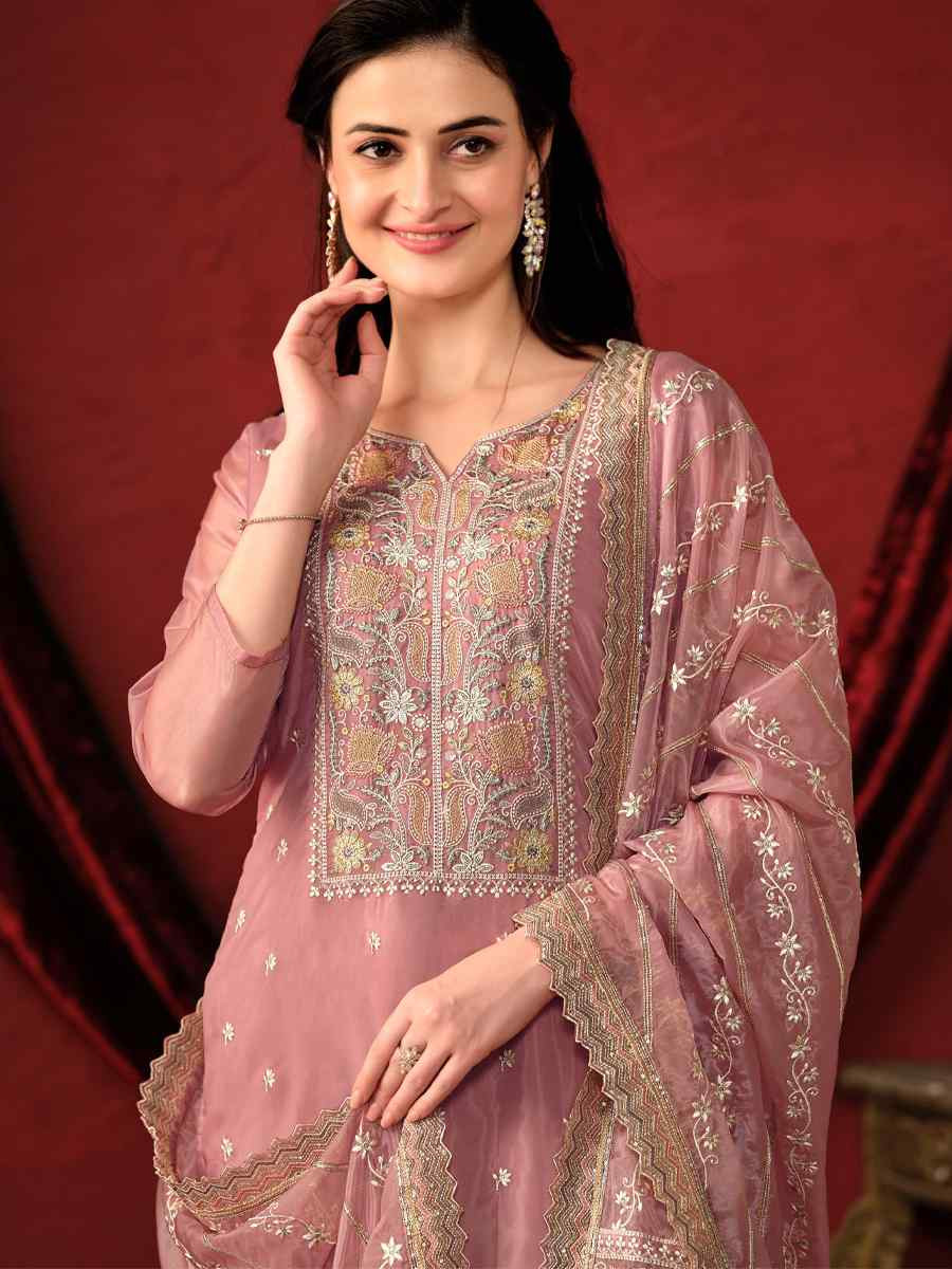 Pink Crystal Organza Embroidered Casual Festival Pant Salwar Kameez