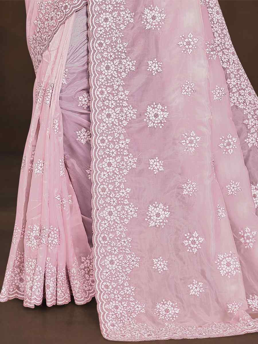 Pink Crystal Organza Embroidered Wedding Party Heavy Border Saree