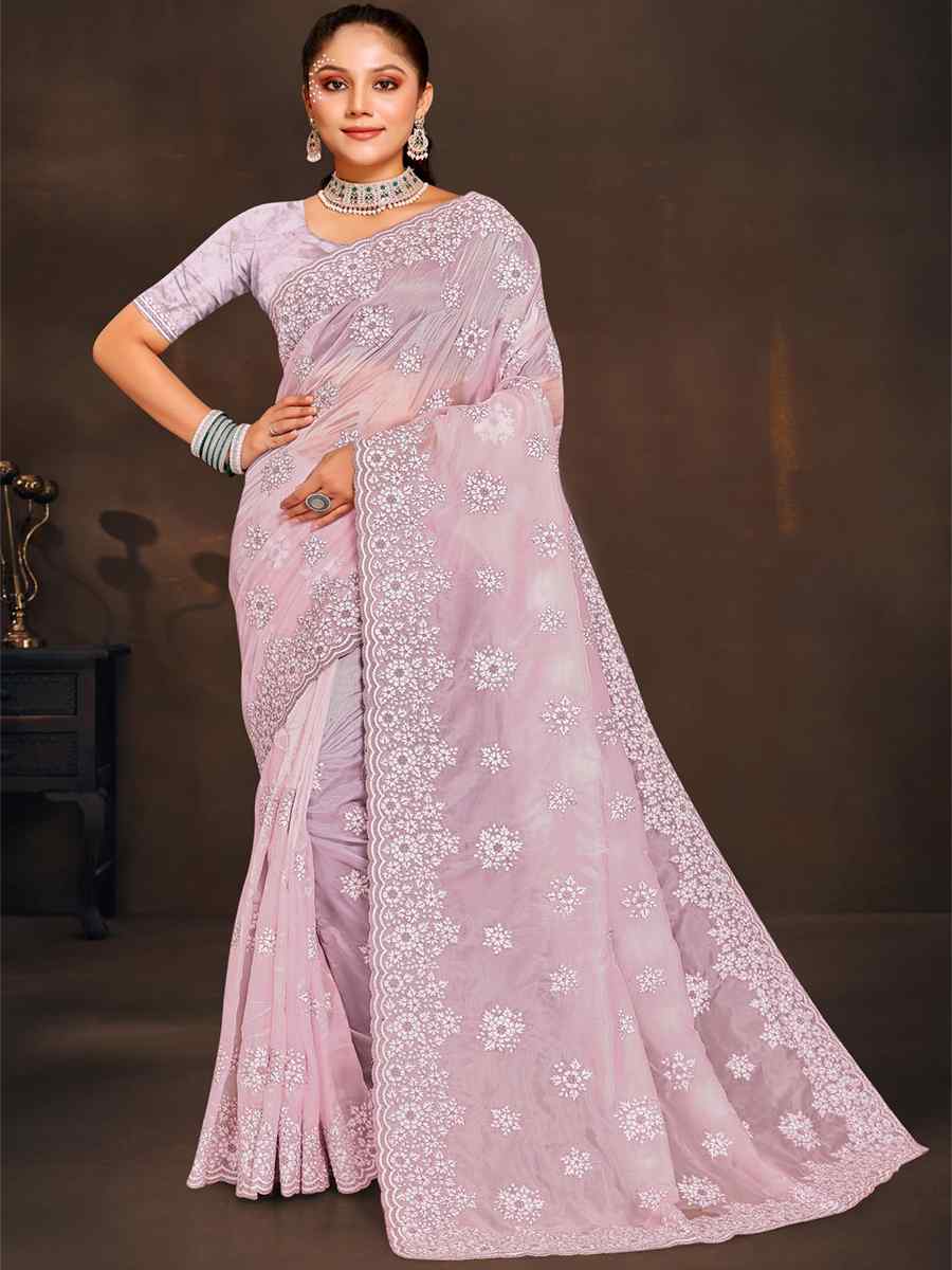 Pink Crystal Organza Embroidered Wedding Party Heavy Border Saree