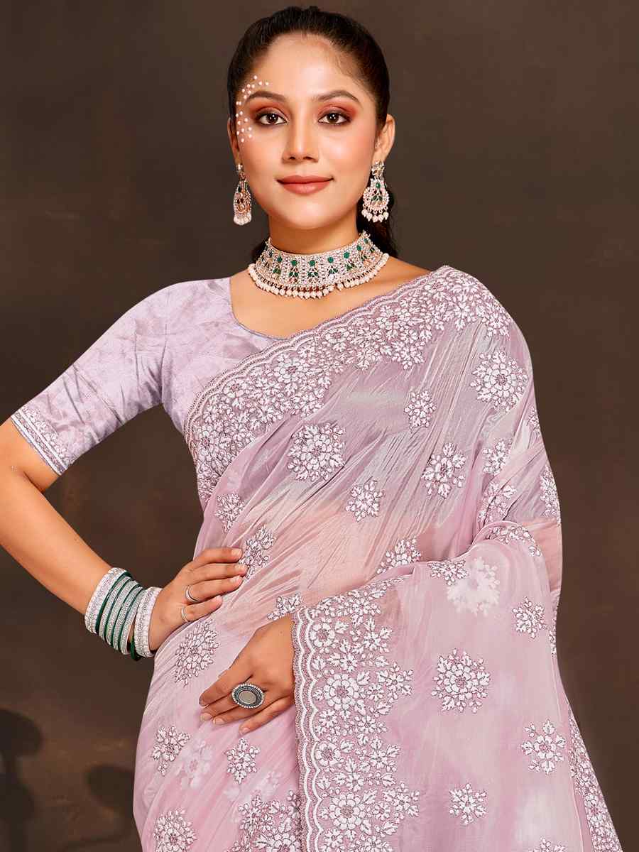 Pink Crystal Organza Embroidered Wedding Party Heavy Border Saree