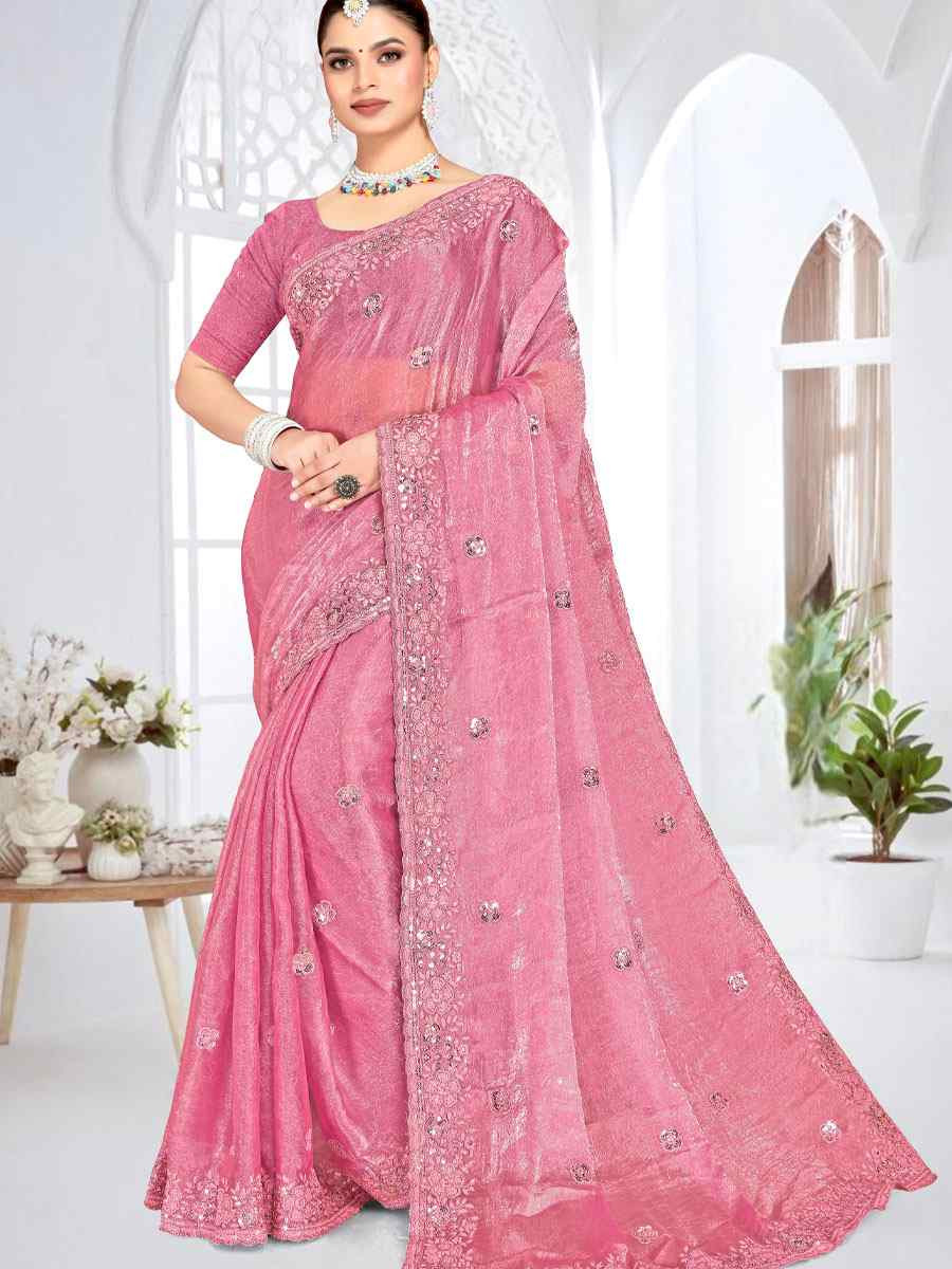 Pink Cursh Silk Embroidery Bridal Reception Festival Wedding Fancy Heavy Border Saree