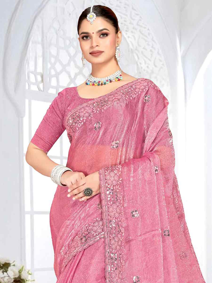 Pink Cursh Silk Embroidery Bridal Reception Festival Wedding Fancy Heavy Border Saree