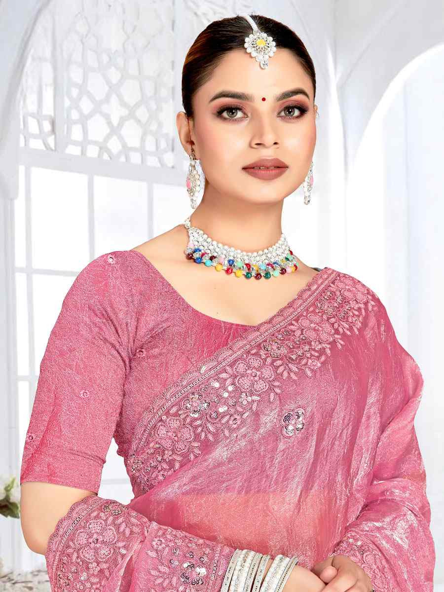 Pink Cursh Silk Embroidery Bridal Reception Festival Wedding Fancy Heavy Border Saree