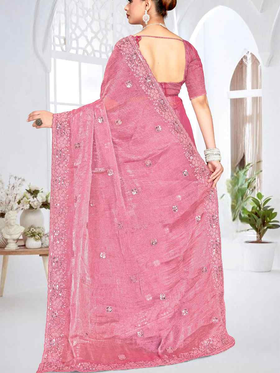 Pink Cursh Silk Embroidery Bridal Reception Festival Wedding Fancy Heavy Border Saree