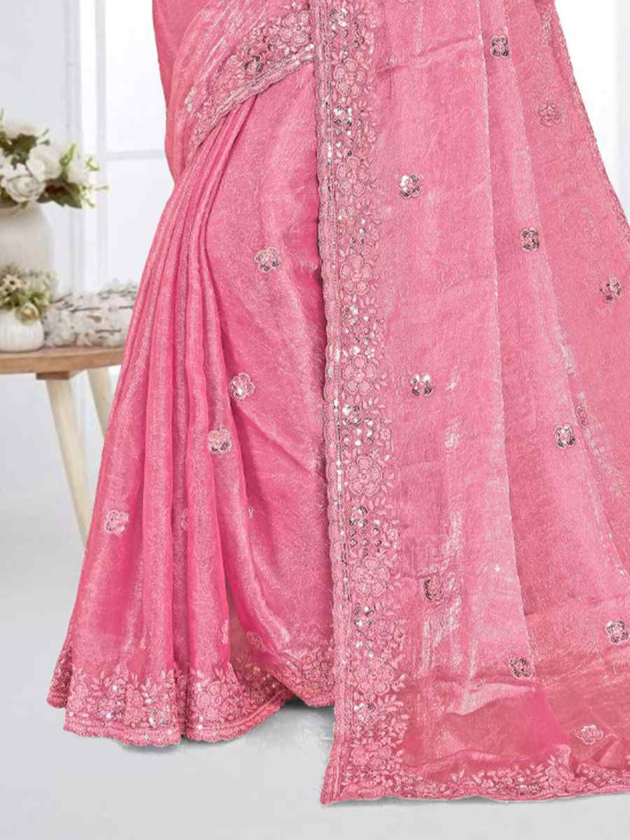 Pink Cursh Silk Embroidery Bridal Reception Festival Wedding Fancy Heavy Border Saree
