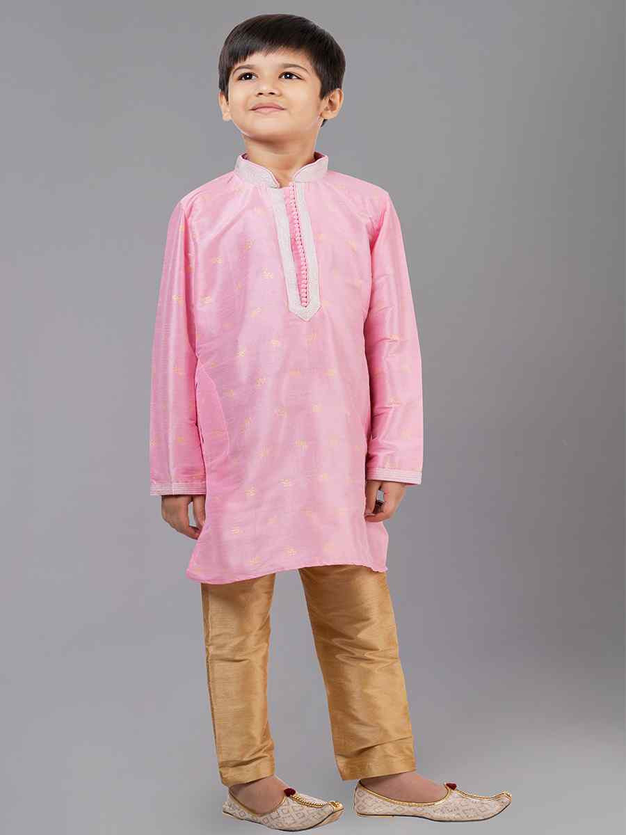 Pink Dhupion Silk With Jacquard Embroidered Festival Traditional Kurta Pyjama Boys Wear