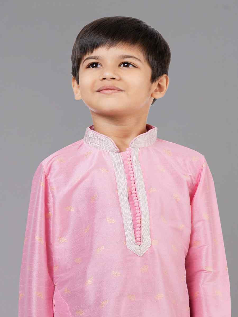 Pink Dhupion Silk With Jacquard Embroidered Festival Traditional Kurta Pyjama Boys Wear
