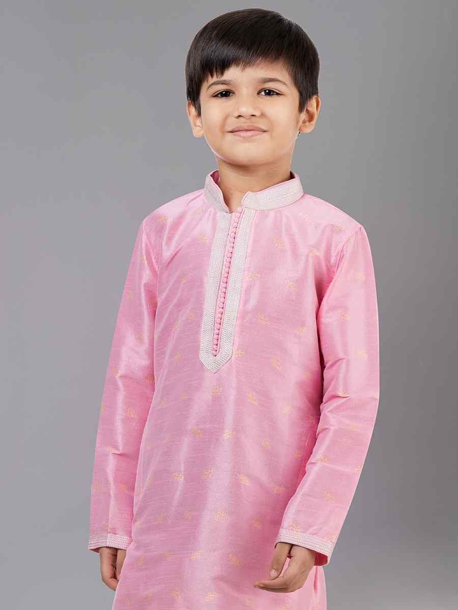 Pink Dhupion Silk With Jacquard Embroidered Festival Traditional Kurta Pyjama Boys Wear