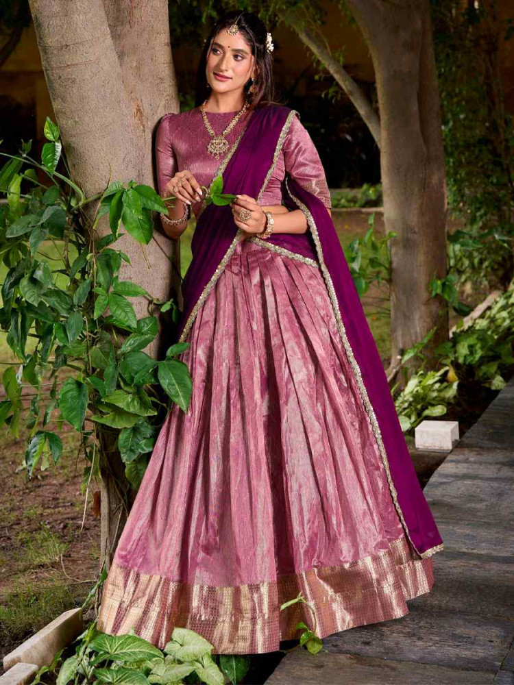 Image of Pink Dhupion Silk Zari Handwoven Wedding Reception Festival Heavy Border Lehenga Choli