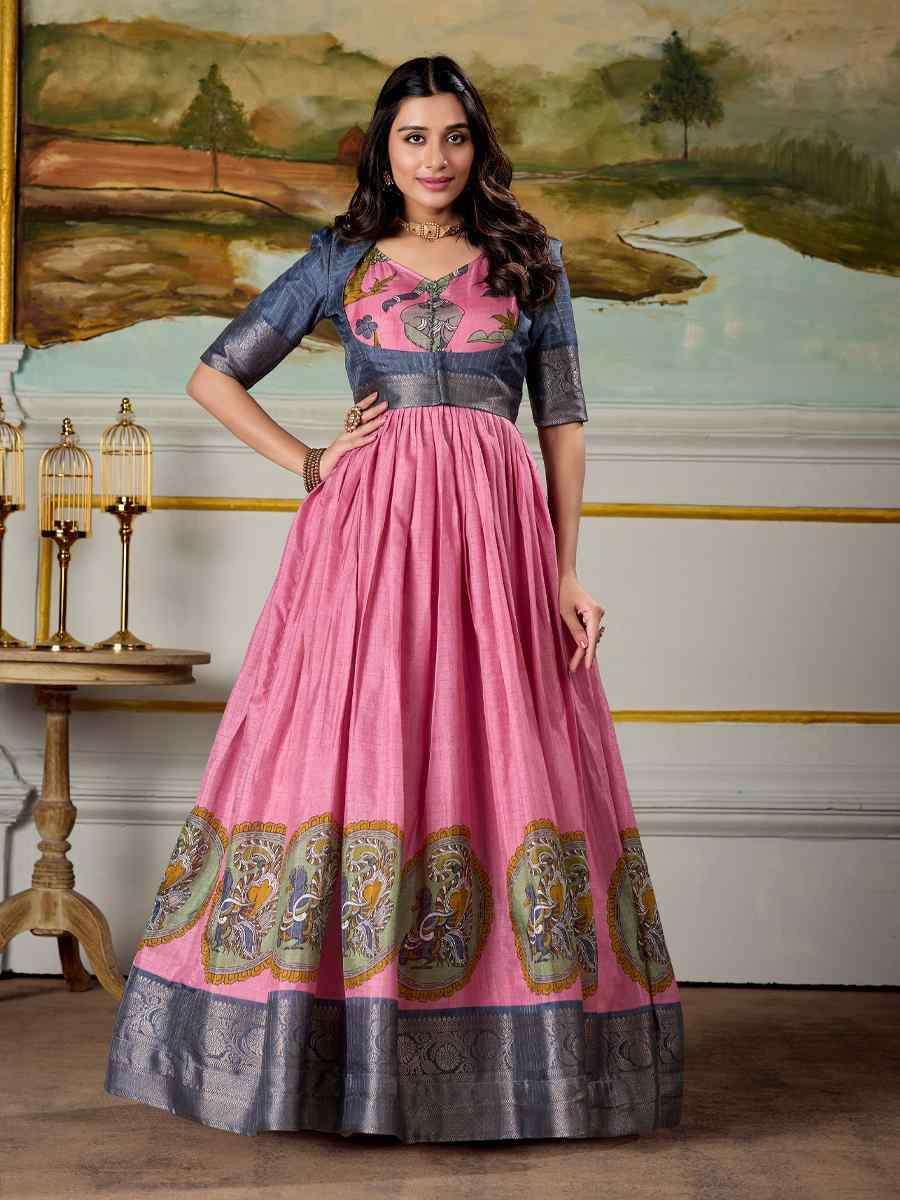 Pink Dola Silk Embroidered Festival Party Gown