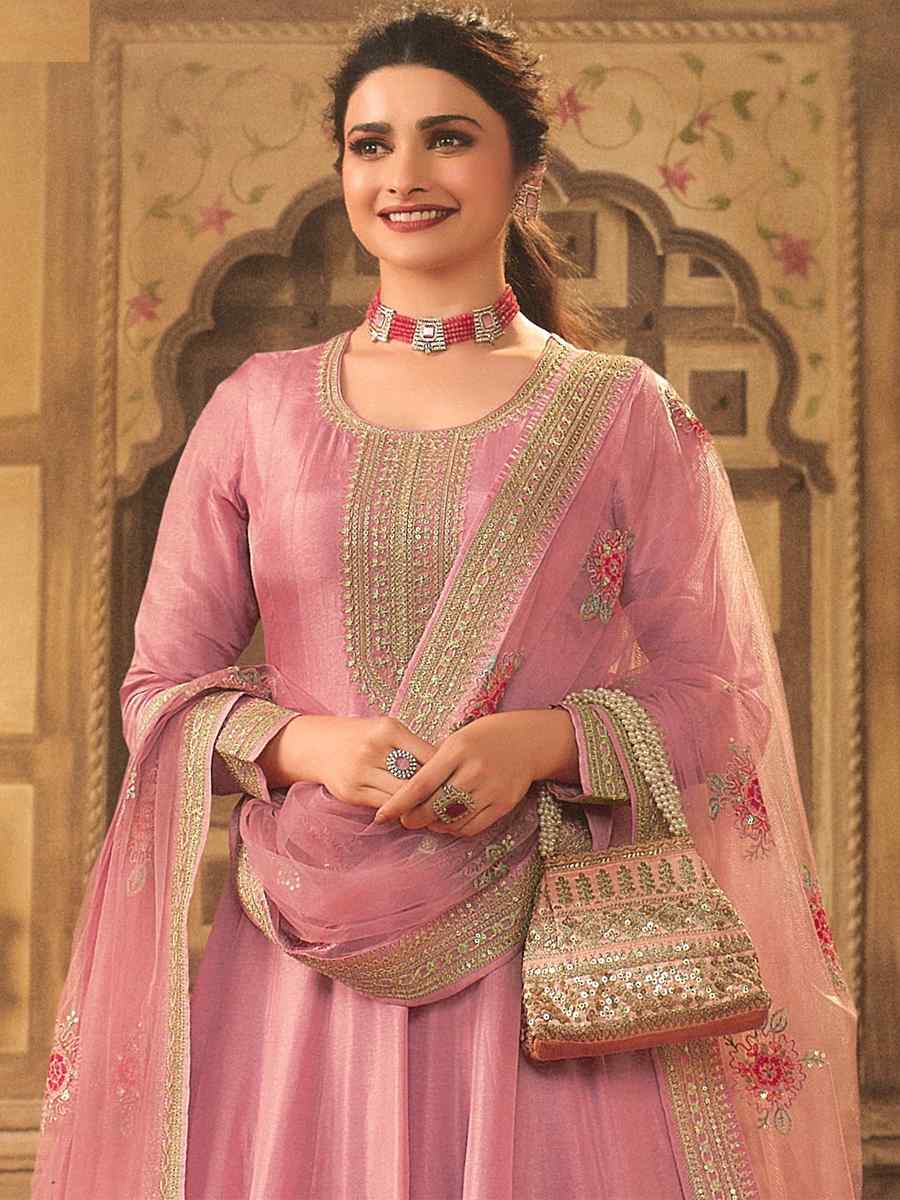 Pink Dola Silk Embroidered Festival Wedding Anarkali Bollywood Style Salwar Kameez
