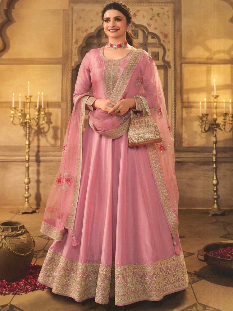 Pink Dola Silk Embroidered Festival Wedding Anarkali Bollywood Style Salwar Kameez