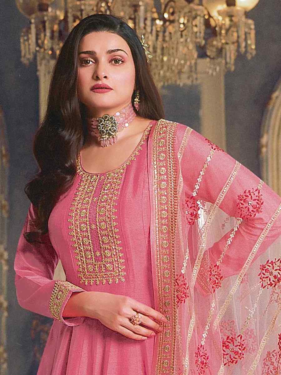 Pink Dola Silk Embroidered Wedding Mehendi Anarkali Salwar Kameez
