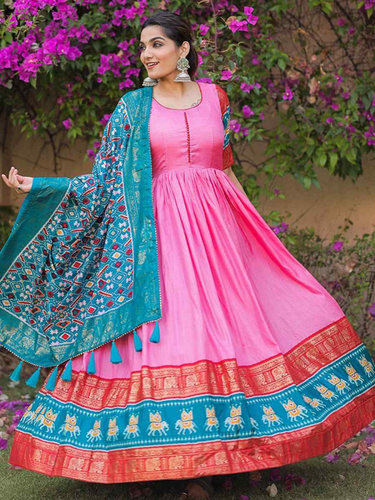 Pink Dola Silk Handwoven Festival Casual Gown