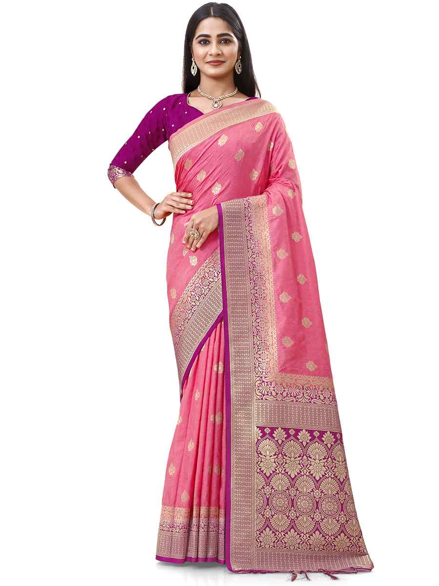 Pink Dola Silk Handwoven Wedding Festival Heavy Border Saree