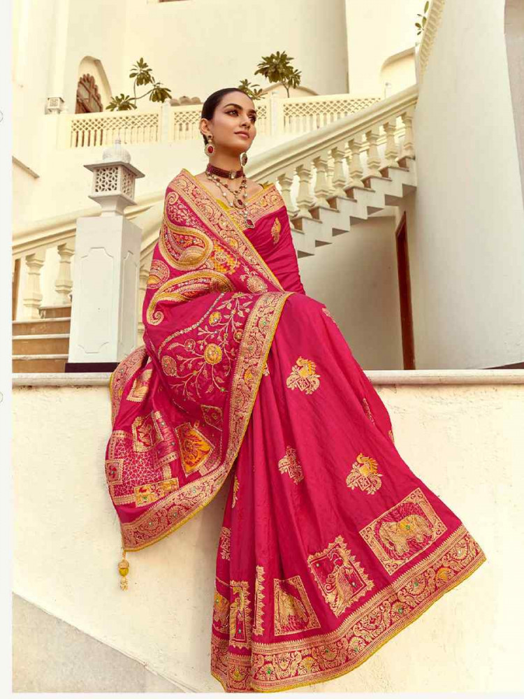 Pink Dola Silk Handwoven With Handwork Festival Wedding Fancy Heavy Border Saree