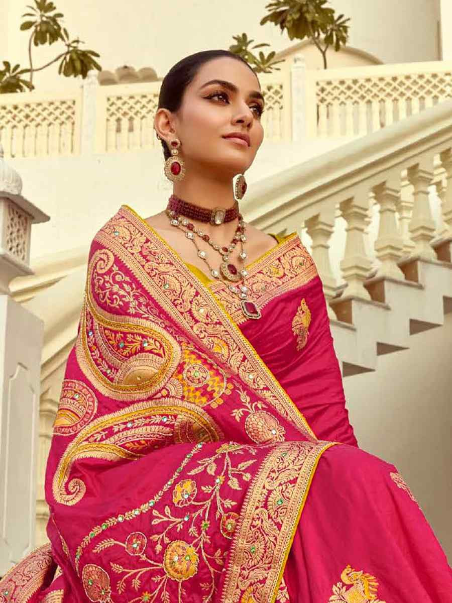 Pink Dola Silk Handwoven With Handwork Festival Wedding Fancy Heavy Border Saree