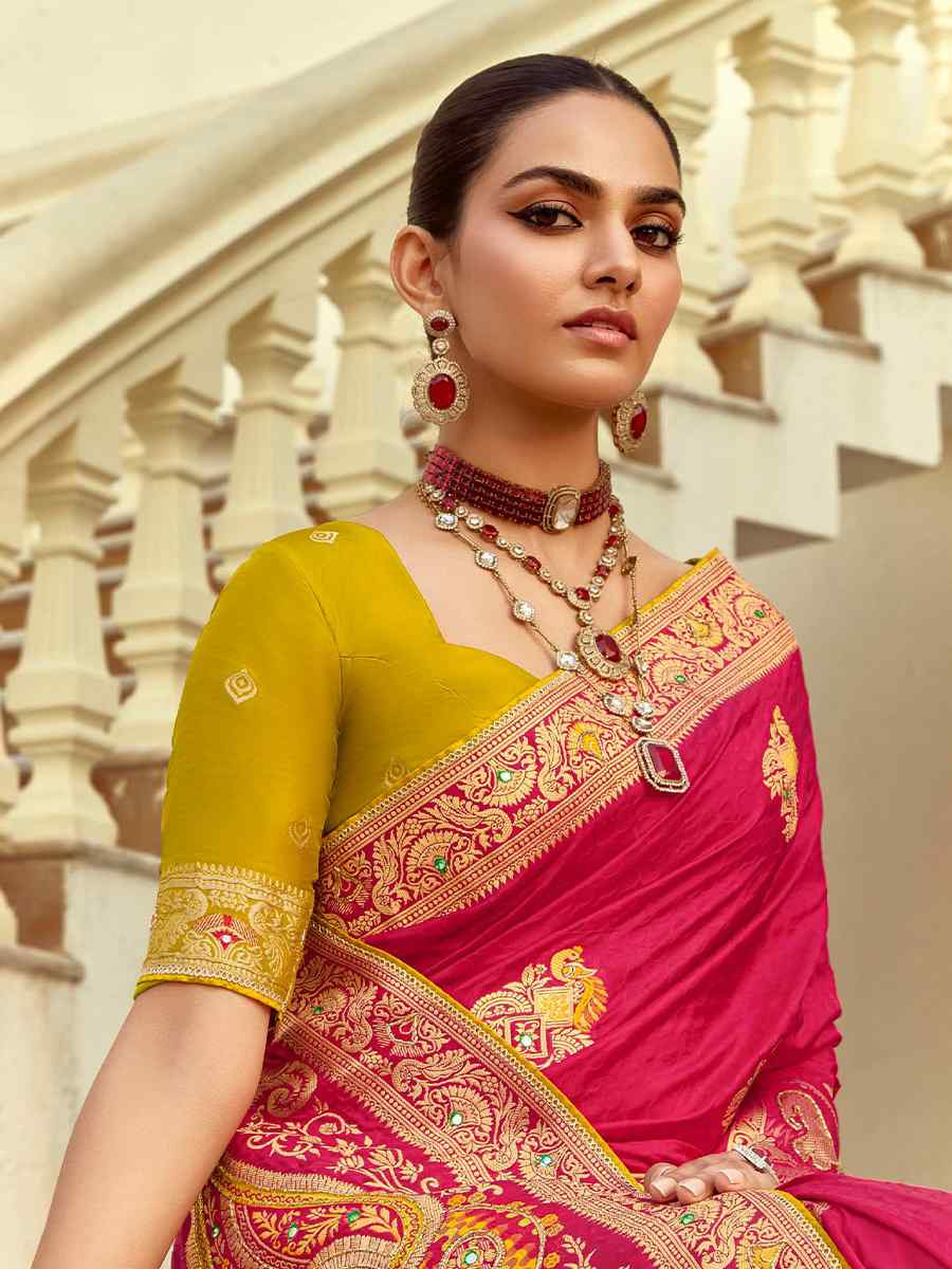 Pink Dola Silk Handwoven With Handwork Festival Wedding Fancy Heavy Border Saree