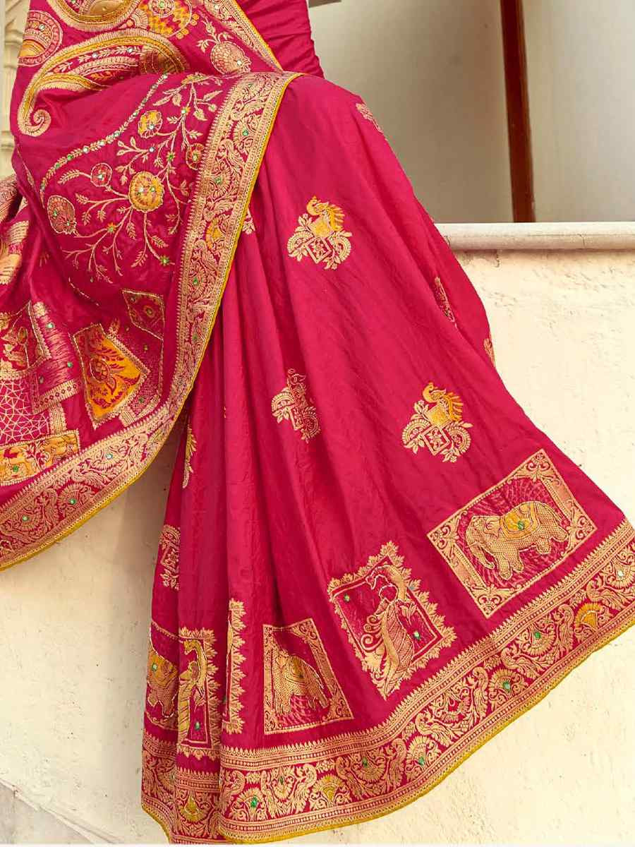 Pink Dola Silk Handwoven With Handwork Festival Wedding Fancy Heavy Border Saree