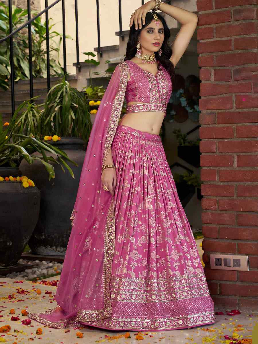 Pink Dola Silk Jacquard Embroidered Reception Wedding Bridal Lehenga Choli