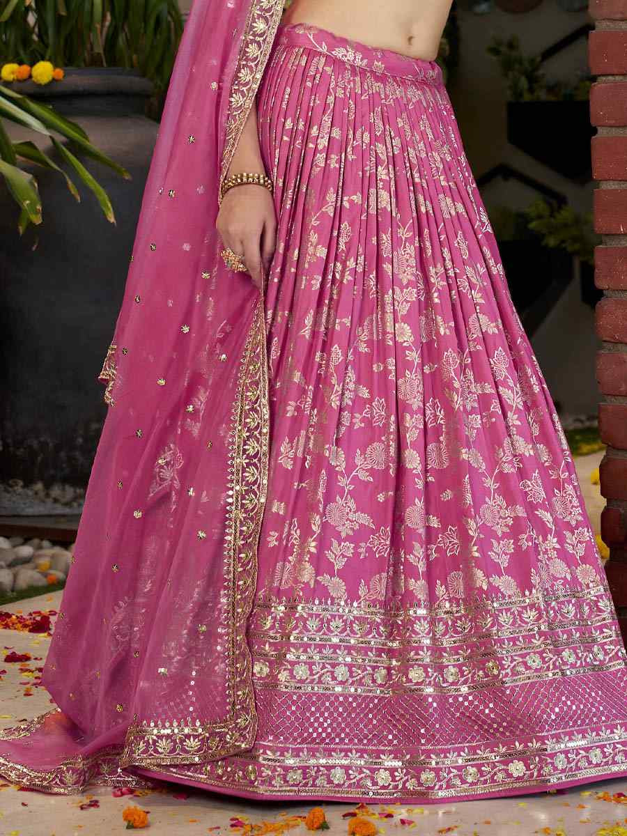 Pink Dola Silk Jacquard Embroidered Reception Wedding Bridal Lehenga Choli
