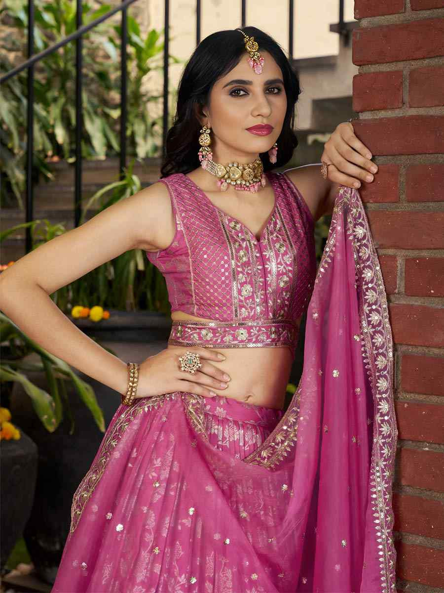 Pink Dola Silk Jacquard Embroidered Reception Wedding Bridal Lehenga Choli
