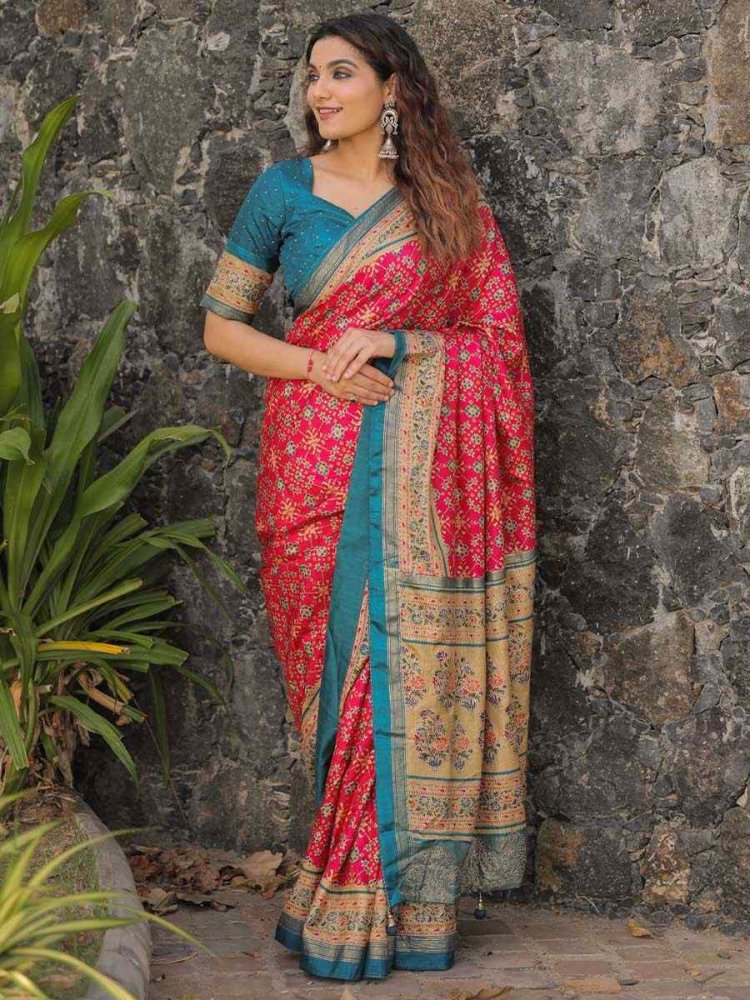 Pink Dola Silk Printed Casual Festival Classic Style Saree