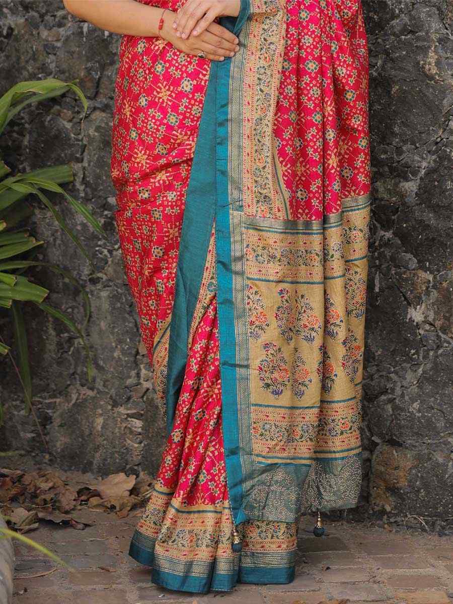Pink Dola Silk Printed Casual Festival Classic Style Saree