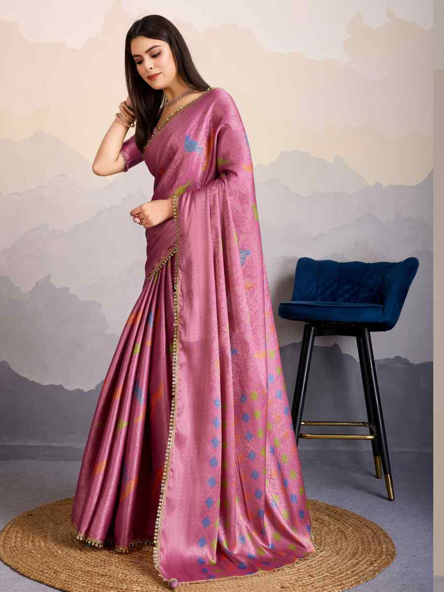 Pink Double Mysore Brocade Silk Handwoven Wedding Festival Heavy Border Saree