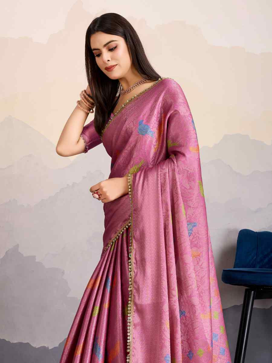 Pink Double Mysore Brocade Silk Handwoven Wedding Festival Heavy Border Saree