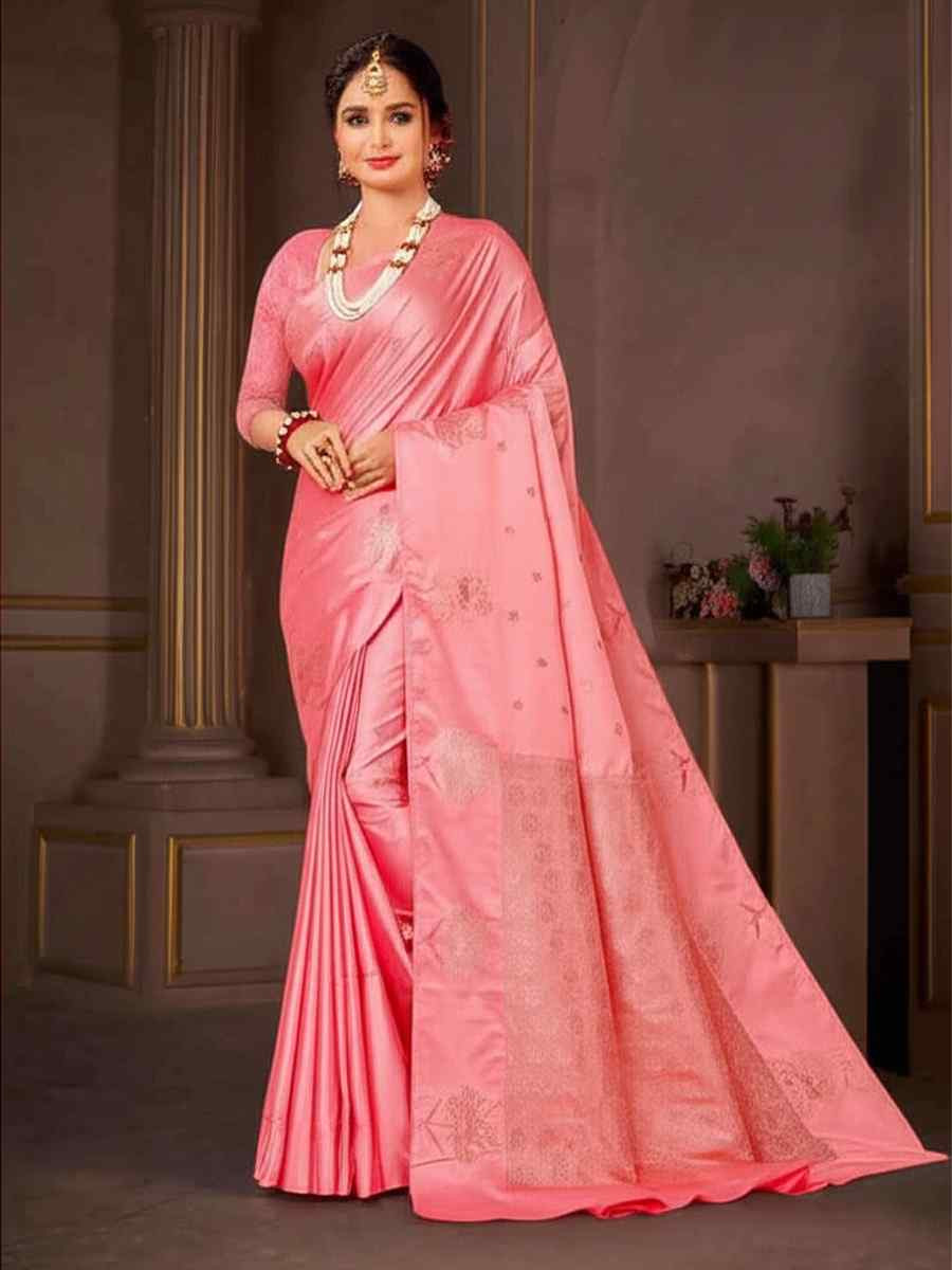 Pink Dyed Silk Handwoven Traditional Bridal Reception Festival Wedding Fancy Heavy Border Saree