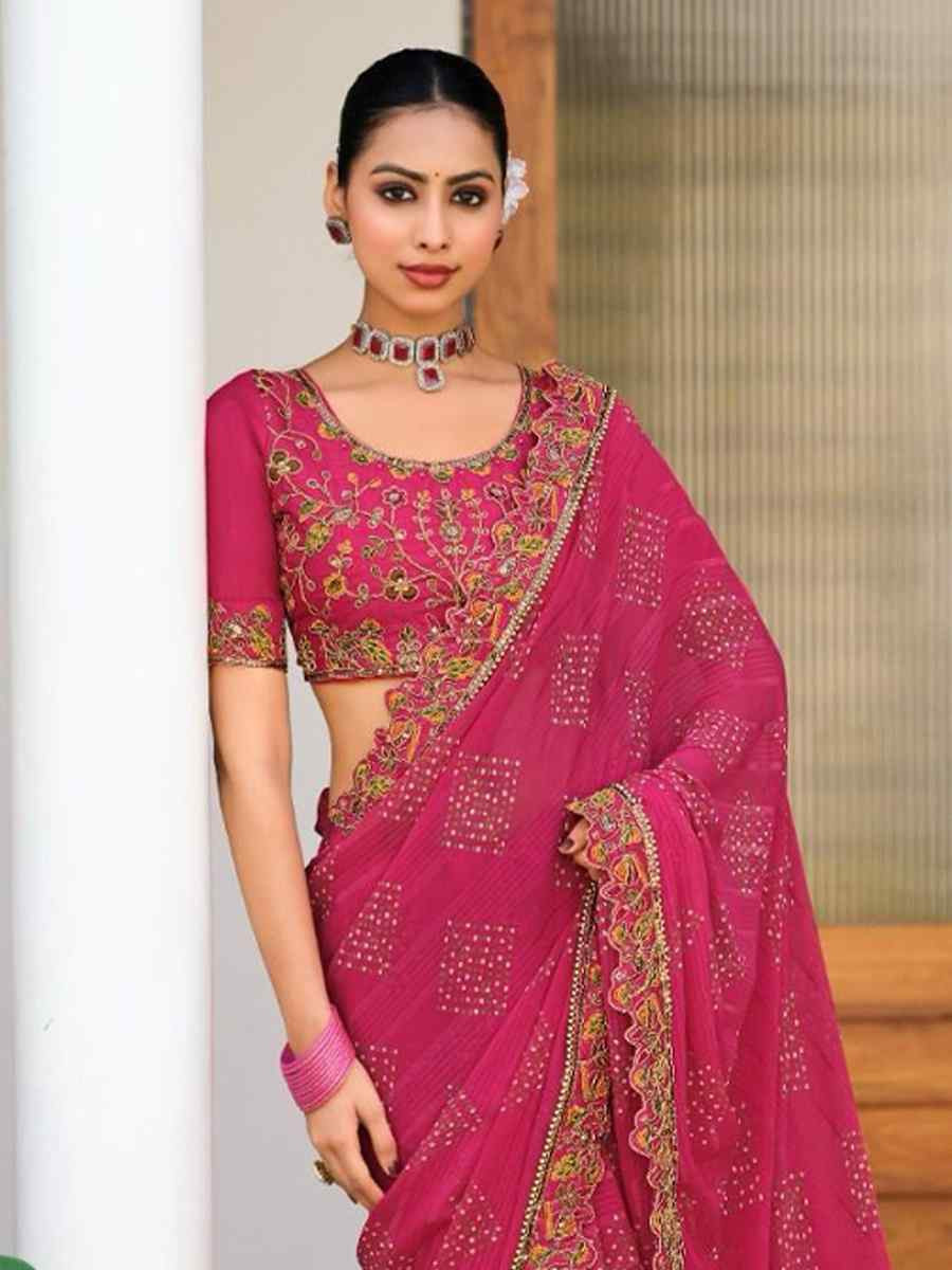 Pink Fancy Georgette Embroidered Festival Wedding Fancy Heavy Border Saree