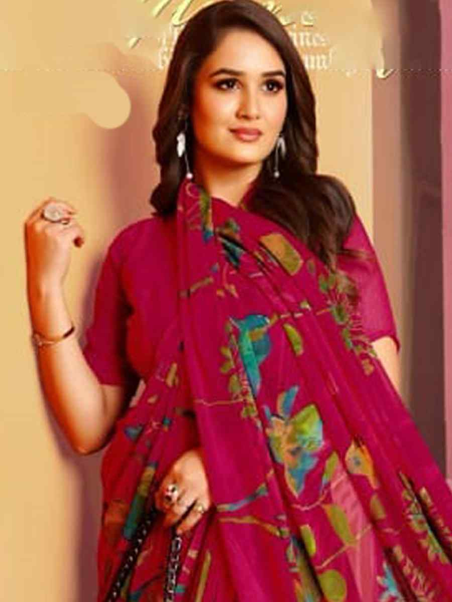 Pink Fancy Georgette Printed Festival Wedding Fancy Heavy Border Saree
