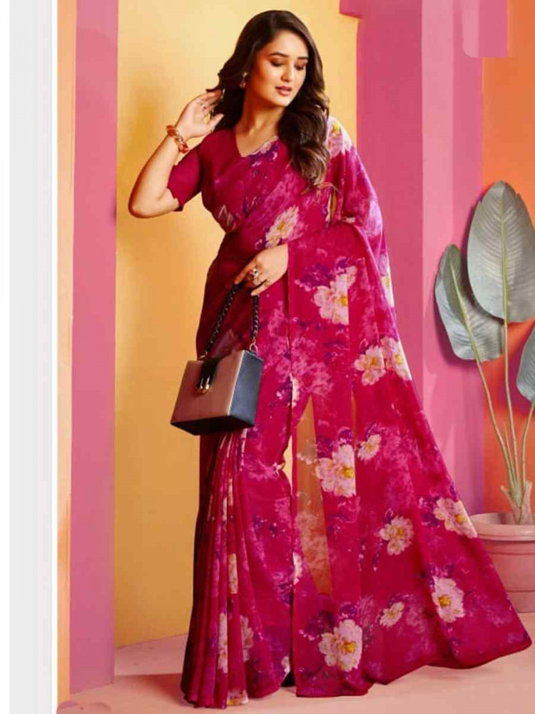 Pink Fancy Georgette Printed Festival Wedding Fancy Heavy Border Saree