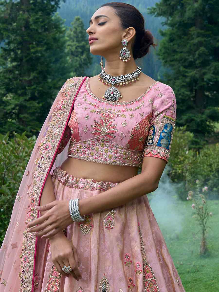 Pink Fancy Silk Embroidered Bridal Reception Heavy Border Lehenga Choli