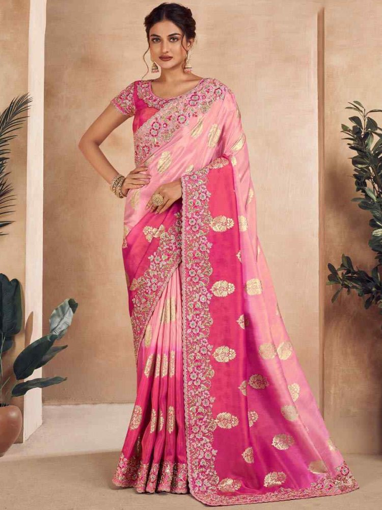 Pink Fancy Silk Embroidery Party Reception Heavy Border Saree